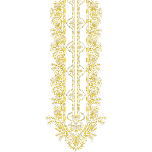 Elegant Ornamental Placket Neckline Embroidery Design with Floral Scroll Motifs