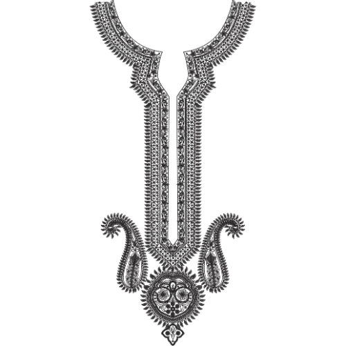 Elegant Ornamental Placket Neckline Embroidery Design with Paisley Scroll Motifs