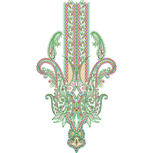 Vibrant Paisley Floral Placket Neckline Embroidery Design with Ornamental Pendant
