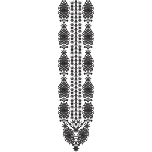 Elegant Monochrome Paisley Vertical Neckline Embroidery Design with Ornamental Motif Borders