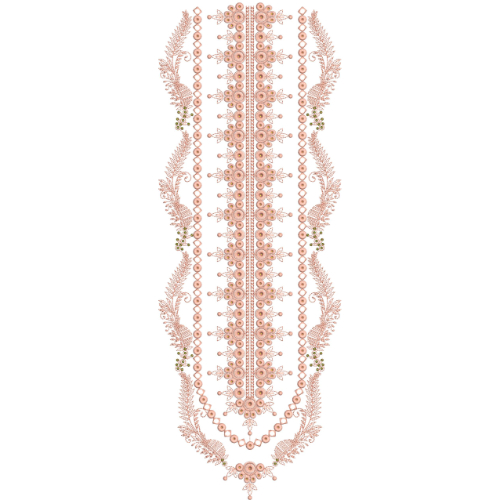 Ornamental Floral Vertical Neckline Embroidery Design with Decorative Scalloped Borders