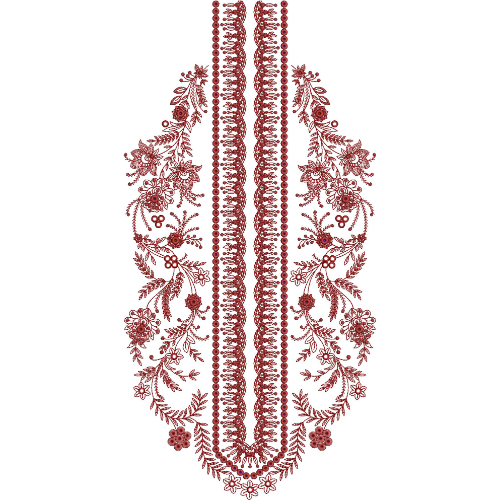 Intricate Floral Vine Vertical Neckline Embroidery Design with Decorative Border Detailing