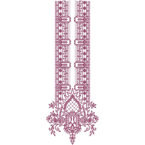 Ornamental Mughal Style Vertical Neckline Embroidery Design with Floral Vine and Arch Motifs