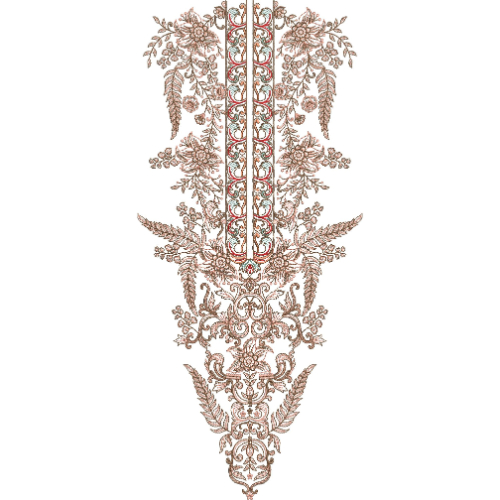 Intricate Mughal Floral Vertical Neckline Embroidery Design with Ornamental Vine Motifs