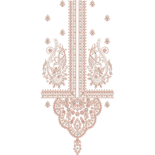 Elegant Paisley Floral Vertical Neckline Embroidery Design with Ornamental Heart Motif