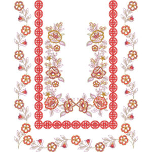 Elegant Floral Border U-Shaped Neckline Embroidery Design with Decorative Circular Motif Frame