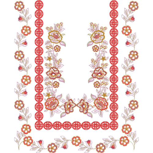 Elegant Floral Border U-Shaped Neckline Embroidery Design with Decorative Circular Motif Frame