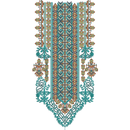 Traditional Geometric Floral Vertical Neckline Embroidery Design with Ornamental Border Panels
