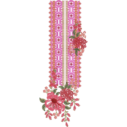Elegant Floral Vertical Neckline Embroidery Design with Geometric Border Panel