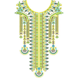 Vibrant Floral Vertical Neckline Embroidery Design with Decorative Hanging Pendant Motifs
