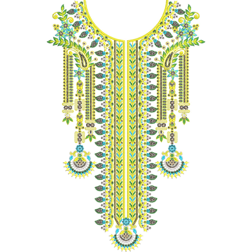Vibrant Floral Vertical Neckline Embroidery Design with Decorative Hanging Pendant Motifs