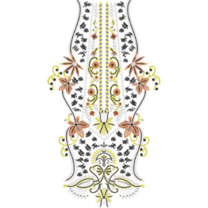 Elegant Floral Scroll Vertical Neckline Embroidery Design with Decorative Butterfly Motifs