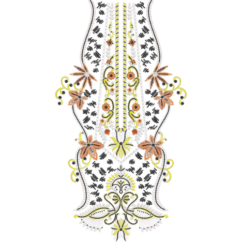 Elegant Floral Scroll Vertical Neckline Embroidery Design with Decorative Butterfly Motifs