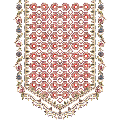 Geometric Floral Panel Neckline Embroidery Design with Decorative Paisley Side Borders