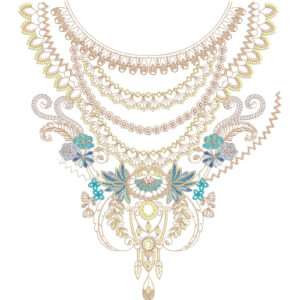 Elegant Layered Floral Round Neckline Embroidery Design with Ornamental Pendant Motif