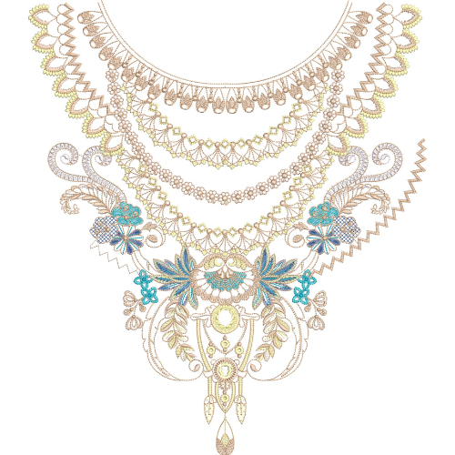 Elegant Layered Floral Round Neckline Embroidery Design with Ornamental Pendant Motif