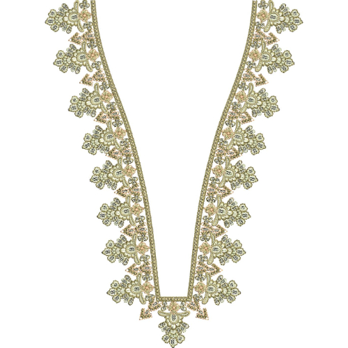 Delicate Floral V-Shaped Neckline Embroidery Design with Decorative Blossom Border