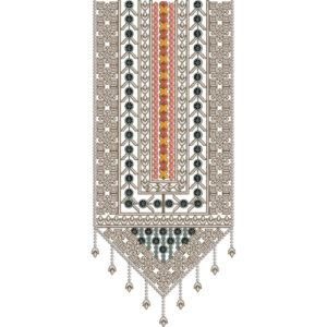 Geometric Tribal Style Vertical Neckline Embroidery Design with Decorative Pendant Fringe