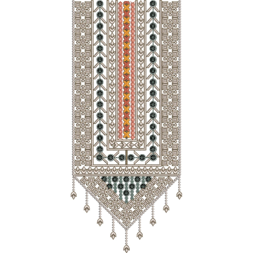 Geometric Tribal Style Vertical Neckline Embroidery Design with Decorative Pendant Fringe
