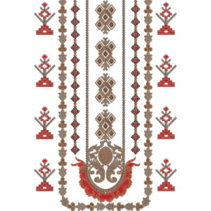 Traditional Geometric Folk Style Vertical Neckline Embroidery Design with Ornamental Motifs
