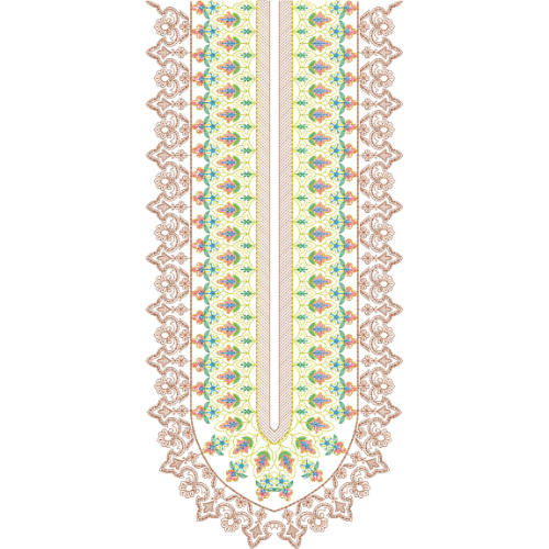Elegant Floral Geometric U-Shaped Neckline Embroidery Design with Ornamental Border