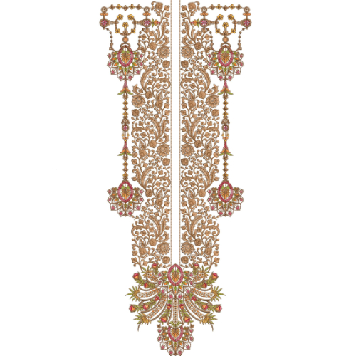 Luxurious Floral Lace Vertical Neckline Embroidery Design with Ornamental Pendant Motifs