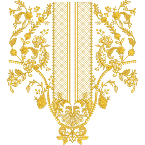 Elegant Floral Vine Vertical Neckline Embroidery Design with Ornamental Scroll Motifs