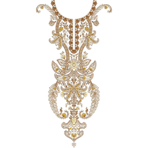 Luxurious Ornamental Floral Round Neckline Embroidery Design with Paisley Scroll Motifs
