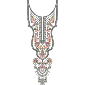 Ornate Floral Pendant Style Neckline Embroidery Design with Decorative Ornamental Borders