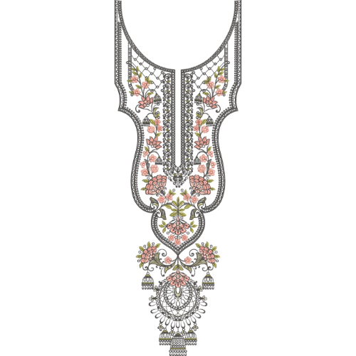 Ornate Floral Pendant Style Neckline Embroidery Design with Decorative Ornamental Borders