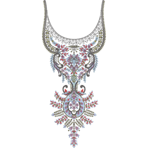 Elegant Floral Round Neckline Embroidery Design with Ornamental Pendant Motif