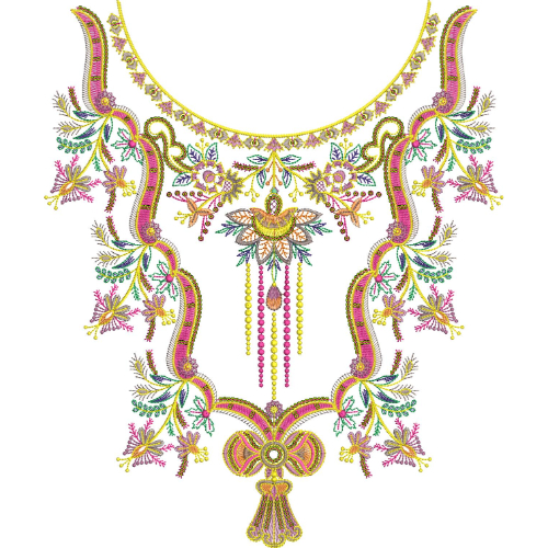 Vibrant Floral Round Neckline Embroidery Design with Decorative Hanging Pendant Motifs