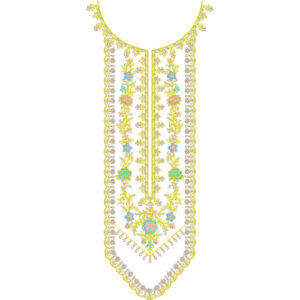 Elegant Floral Vertical Neckline Embroidery Design with Decorative Scalloped Borders
