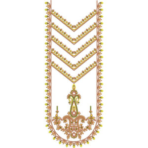 Elegant Chevron Style U-Shaped Neckline Embroidery Design with Ornamental Pendant Motif