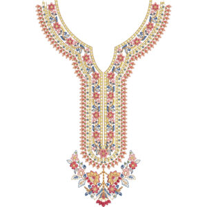 Elegant Floral Round Neckline Embroidery Design with Decorative Vertical Panel and Ornamental Drop Motif