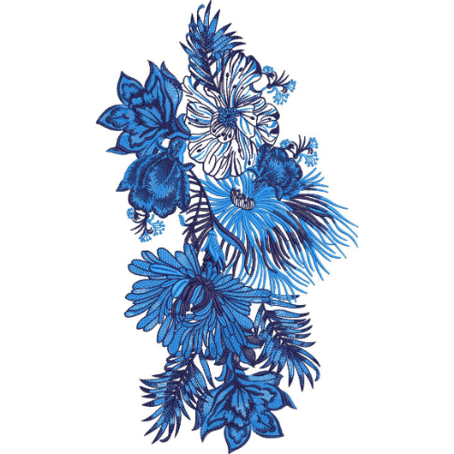 Royalty Free Blue Floral Embroidery Design with Elegant Botanical Motifs on White Background