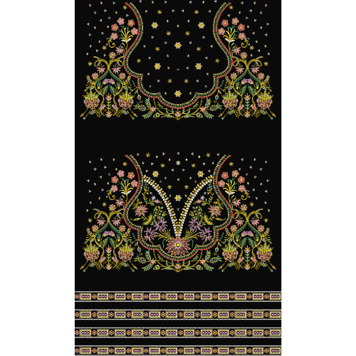 Royalty Free Multicolor Floral Neckline & Border Embroidery Design on Black Background