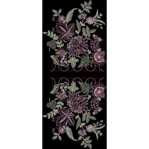 Royalty Free Symmetrical Floral Border Embroidery Design with Delicate Pastel Thread Work on Black Background