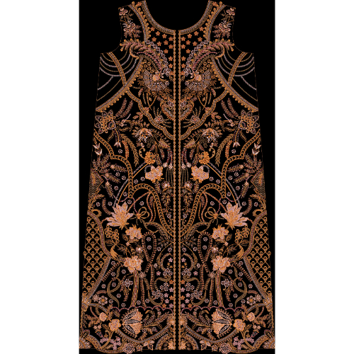 Royalty Free Symmetrical Floral Border Embroidery Design with Delicate Pastel Thread Work on Black Background