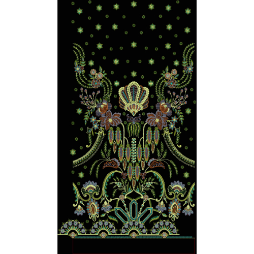 Royalty Free Ornate Floral Embroidery Neck Panel Design with Symmetrical Multicolor Thread Work