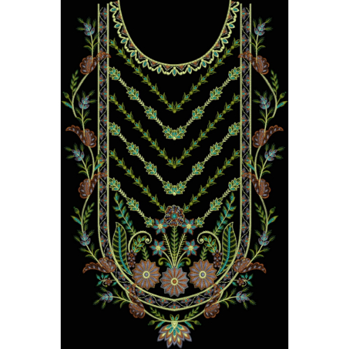 Royalty Free Floral Chevron Neckline Embroidery Design with Elegant Multicolor Thread Work