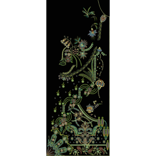 Royalty Free Elegant Floral Vine Embroidery Panel Design with Intricate Multicolor Thread Work on Black Background