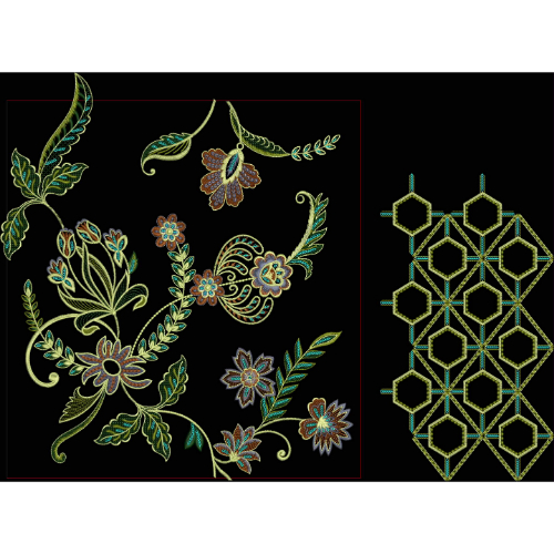 Royalty Free Floral Motif and Geometric Hexagon Embroidery Design with Elegant Multicolor Thread Work