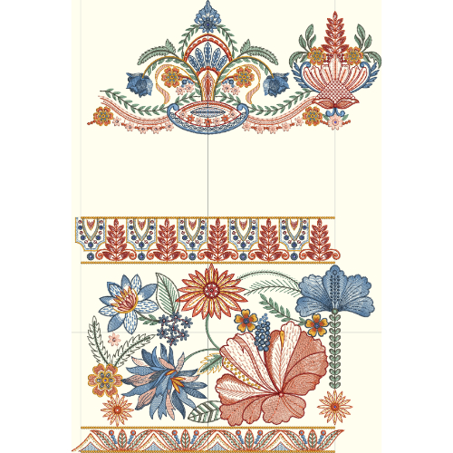Royalty Free Multicolor Floral Border Embroidery Design with Traditional Botanical Motifs