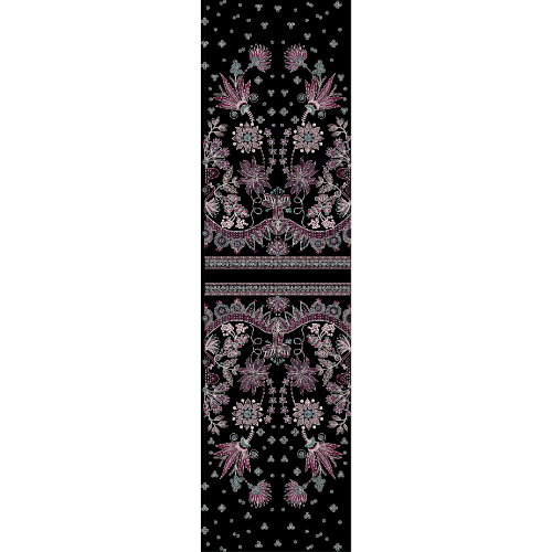 Royalty Free Symmetrical Floral Border Embroidery Design with Pink and Silver Thread Work on Black Background