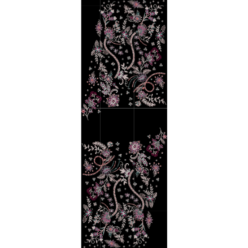 Royalty Free Elegant Floral Vine Embroidery Design with Pink and Silver Thread Work on Black Background