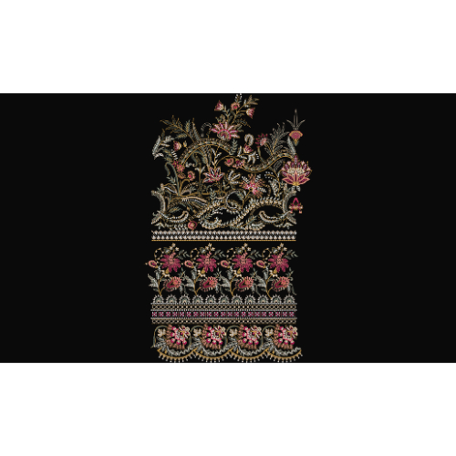 Royalty Free Luxurious Floral Border Embroidery Design with Gold and Pink Thread Work on Black Background