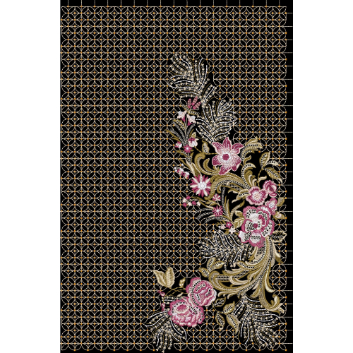 Royalty Free Floral Corner Embroidery Design with Gold Lattice Background and Pink Thread Work