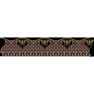 Royalty Free Traditional Scalloped Floral Border Embroidery Design with Multicolor Thread Work on Black Background