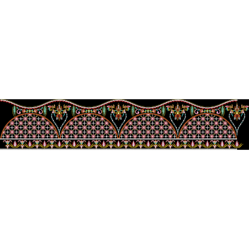 Royalty Free Traditional Scalloped Floral Border Embroidery Design with Multicolor Thread Work on Black Background